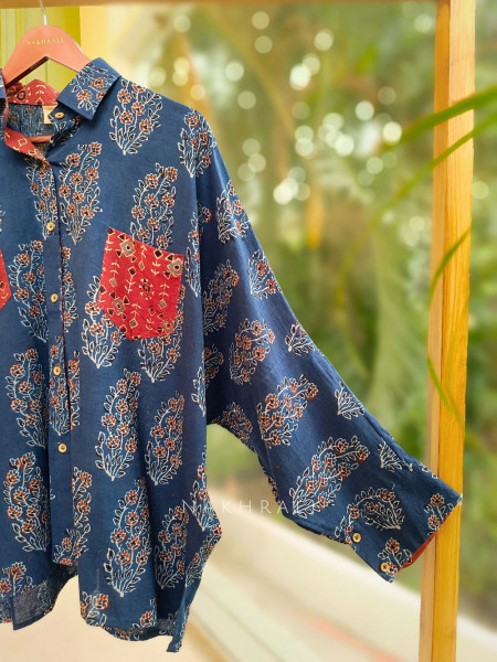 Banjara Navy Cotton Oversized Shirt with Delicate Leaf & Floral Block Print