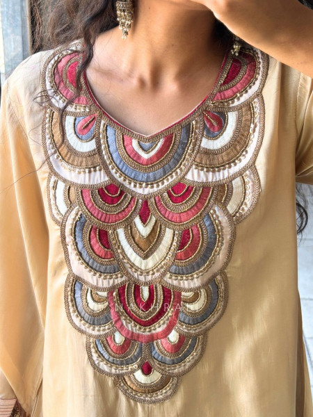 Zuri Beige Chanderi Silk Kurta Palazzo Set