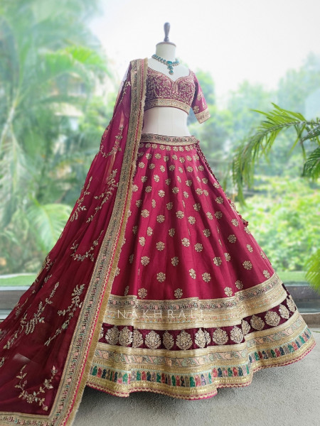 Gulaal Durbar Maroon Raw Silk Lehenga Set  With Zardozi Floral & Meenakari Border Work