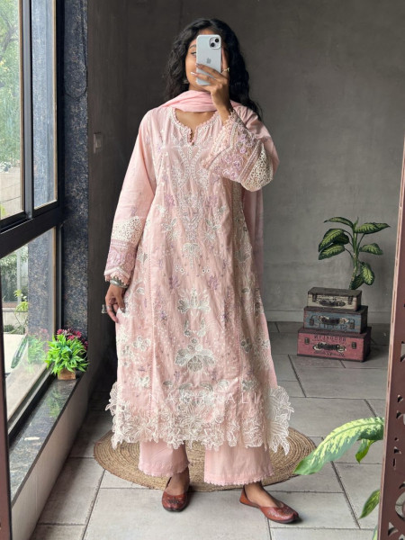 Lavanya Pink Suit Set with Floral Embroidery and Lace Detail