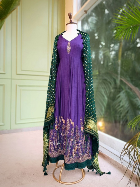 Iraaya Purple Silk Anarkali Set with Bandhani Dupatta and Zari Sequin Work