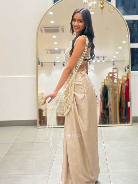 Pearl Cascade Beige Drape Saree with Detailed Pearl Work