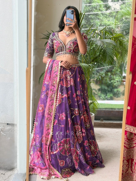 Nishaara Purple Organza Silk Lehenga Set