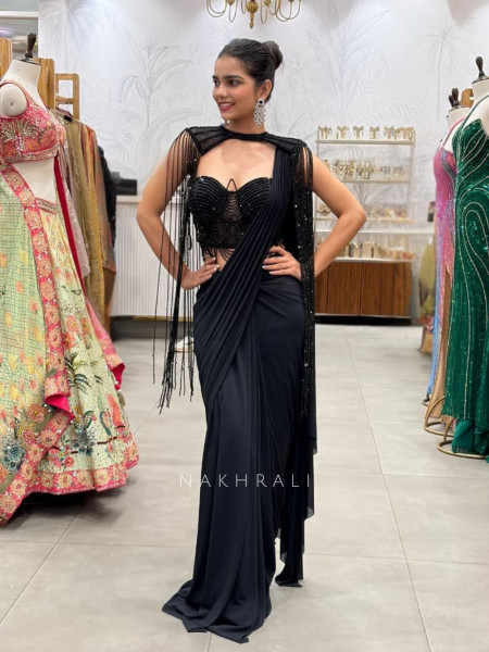 Midnight Reine Black Beaded Pre-Drape Saree with Cape