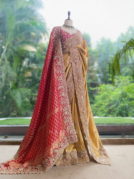 Celestial Golden Satin Silk Saree With Red Embroidered Dupatta