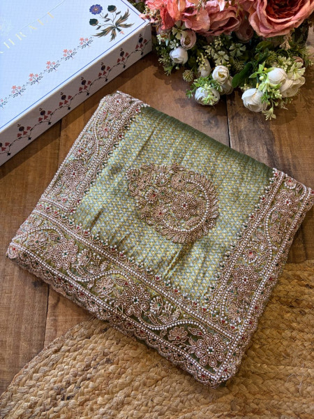 Trishva Green Brocade Saree with Cut Dana and Bead Work