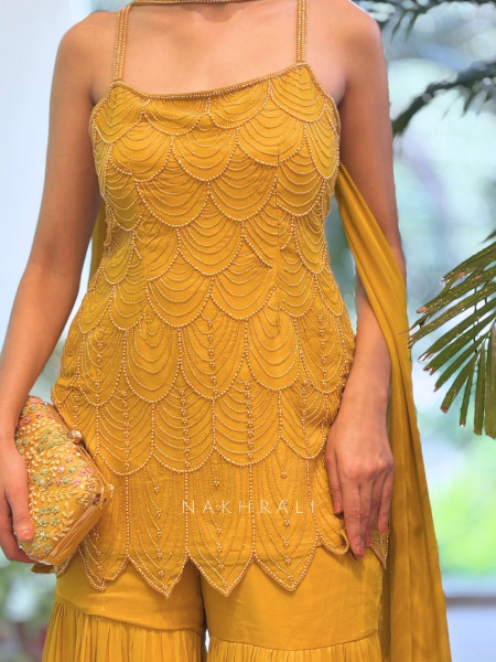 Royal Aura Yellow Gharara Set with Pearl and Cutdana Work