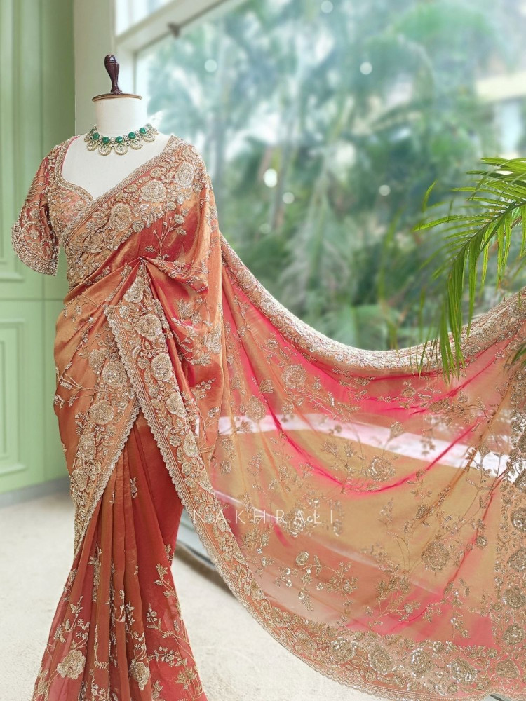 Image of The Rust &amp; Rose Tissue Organza Saree with Readymade Blouse