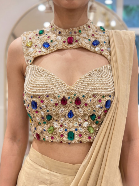 Muted Gold Fluid Draped Saree Set with Mosaic Gemstone Collar Top