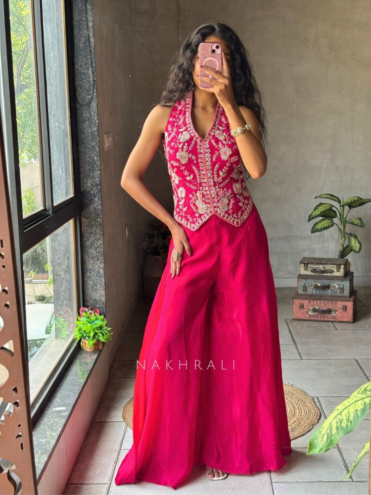 Image of Kriyara Magenta Indo-Western Palazzo Set with Embroidered Jacket