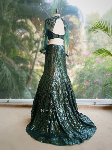 Emerald Gleam Green Sequin Indo Western Lehenga with Cape Blouse