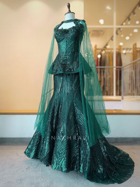 Mrinalini Green Net Indo Western Mermaid Lehenga Set with Geometric Sequin Work