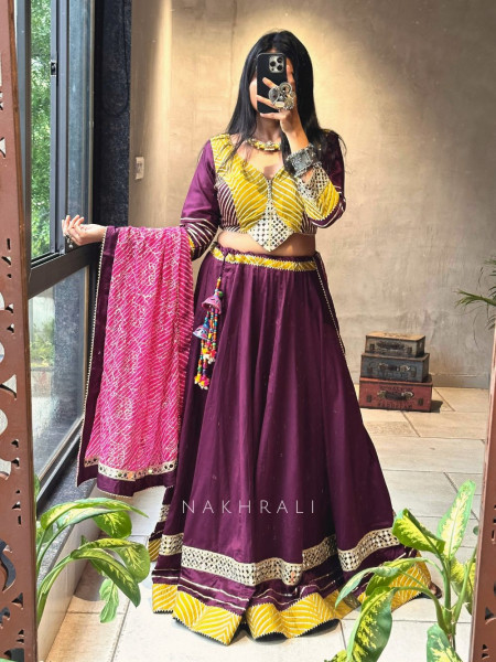 Garba Glam Wine Crop Top Lehenga- Dandiya Diva Collection