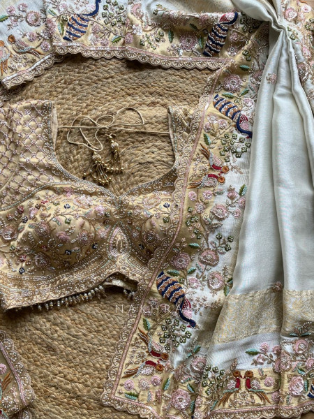 Meadowlark Cream Saree with Readymade Blouse and Beads Thread Embroidery