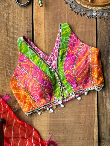 Garvi Multicolor Bandhani Blouse with Mirror & Shell Detailing