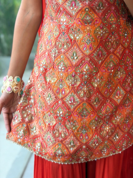 Heera Bottle Orange Banarasi Brocade & Crushed Georgette Palazzo Suit Set