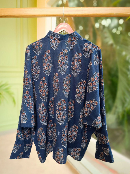 Banjara Navy Cotton Oversized Shirt with Delicate Leaf & Floral Block Print