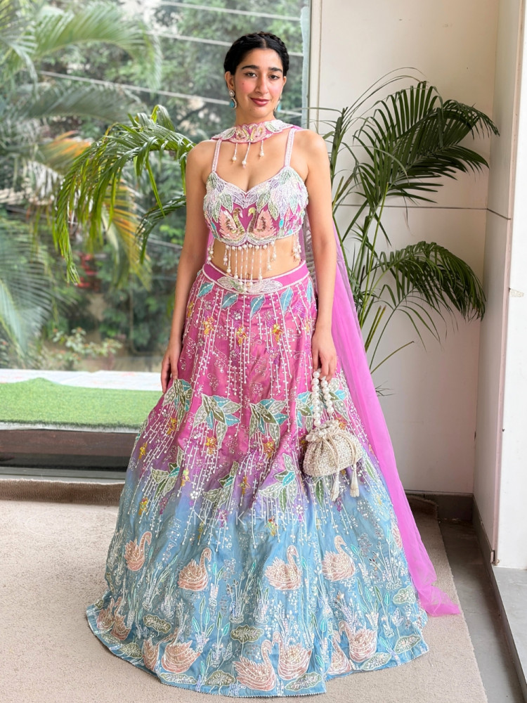 Image of Lotus Loom Blue &amp; Pink Raw Silk Carnival Lehenga