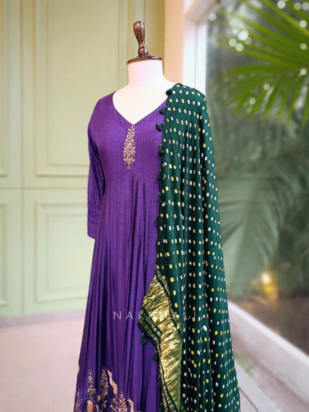 Iraaya Purple Silk Anarkali Set with Bandhani Dupatta and Zari Sequin Work