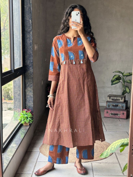 Kavira Brown Cotton Pant Kurta Set with Printed Detail