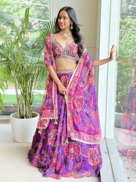 Nishaara Purple Organza Silk Lehenga Set
