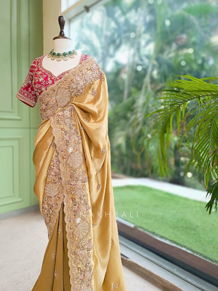 Celestial Golden Satin Silk Saree With Red Embroidered Dupatta