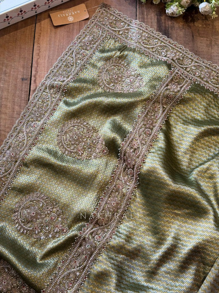 Trishva Green Brocade Saree with Cut Dana and Bead Work