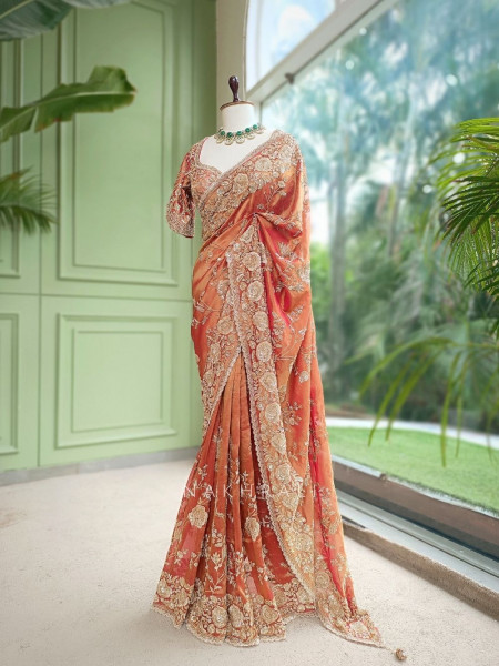 The Rust & Rose Tissue Organza Saree with Readymade Blouse