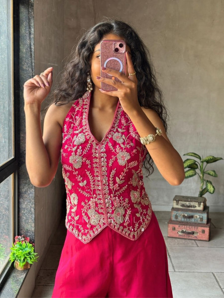 Kriyara Magenta Indo-Western Palazzo Set with Embroidered Jacket