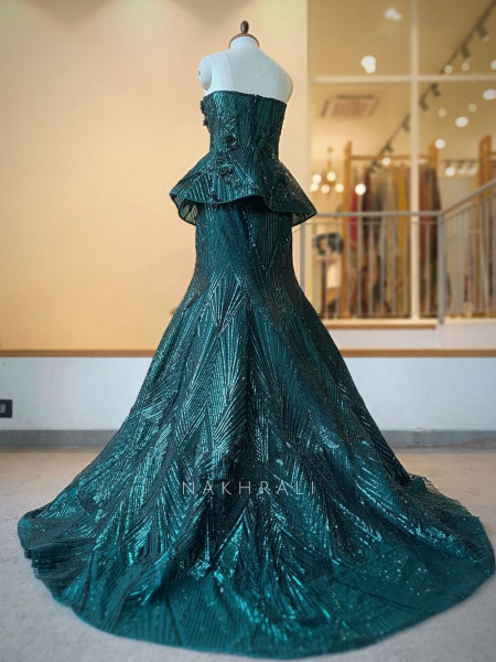 Mrinalini Green Net Indo Western Mermaid Lehenga Set with Geometric Sequin Work
