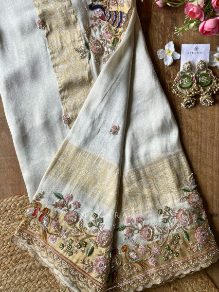 Meadowlark Cream Saree with Readymade Blouse and Beads Thread Embroidery