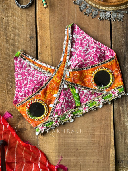 Garvi Multicolor Bandhani Blouse with Mirror & Shell Detailing
