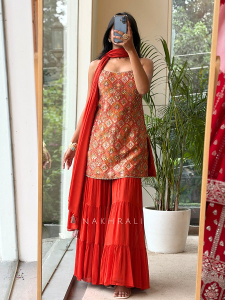 Heera Bottle Orange Banarasi Brocade & Crushed Georgette Palazzo Suit Set