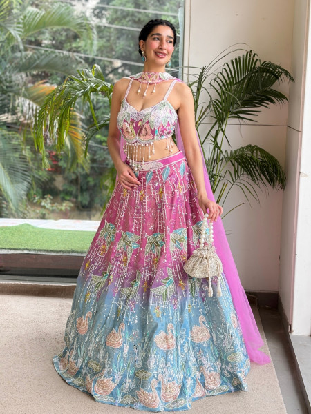 Lotus Loom Blue & Pink Raw Silk Carnival Lehenga