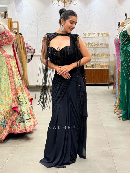 Midnight Reine Black Beaded Pre-Drape Saree with Cape