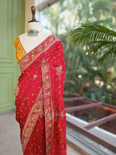 Rajwadi Red Bandhani Saree with Mirror Embroidery