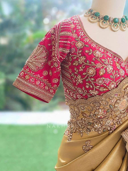 Celestial Golden Satin Silk Saree With Red Embroidered Dupatta