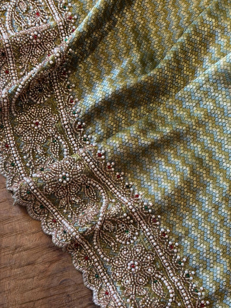 Trishva Green Brocade Saree with Cut Dana and Bead Work