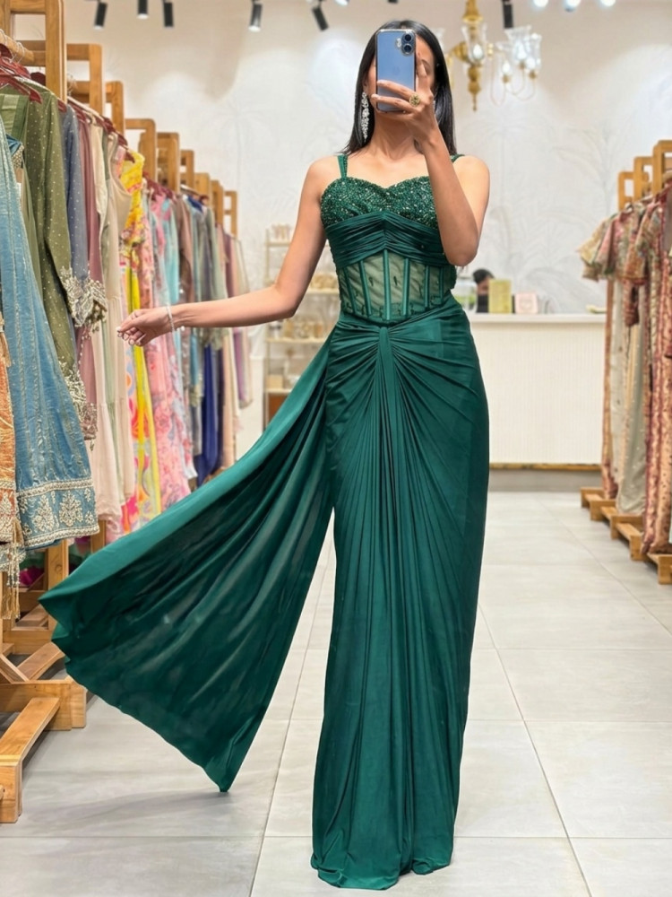 Image of Maison Royal Green Crop Top Skirt Set with Cut Dana Work