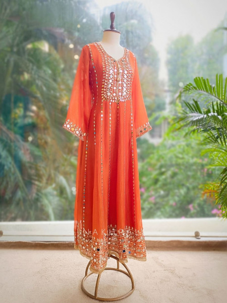 Aaranya Orange Mirror Embroidered Anarkali Set