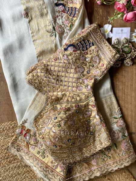 Meadowlark Cream Saree with Readymade Blouse and Beads Thread Embroidery