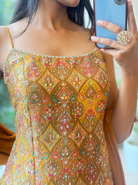 Heera Bottle Mustard Banarasi Brocade & Crushed Georgette Palazzo Suit Set