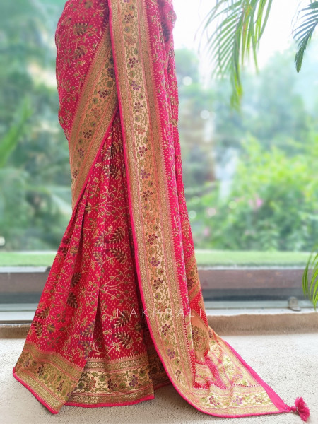 Rangroop Silk-Blend Saree With Bandhani Pattern & Zari Brocade Border