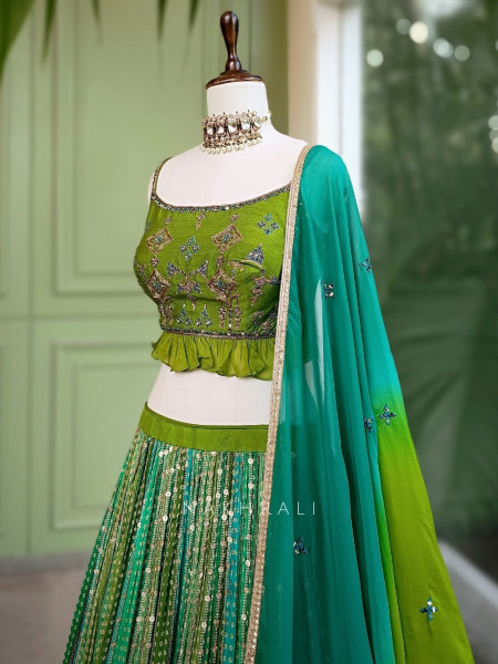 Ruhika Dual-Tone Green Bandhani Lehenga with Mirror & Sequin Work