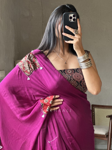 Kasha Wine Patchwork Zari Weave Saree with Running Blouse Piece