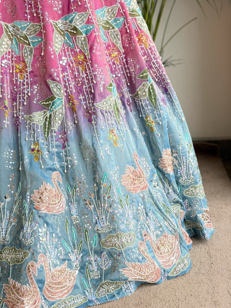 Lotus Loom Blue & Pink Raw Silk Carnival Lehenga