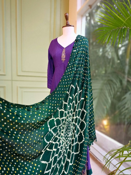 Iraaya Purple Silk Anarkali Set with Bandhani Dupatta and Zari Sequin Work