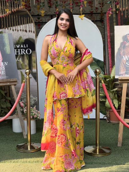 Sunaria Yellow Floral Kurta Palazzo Set