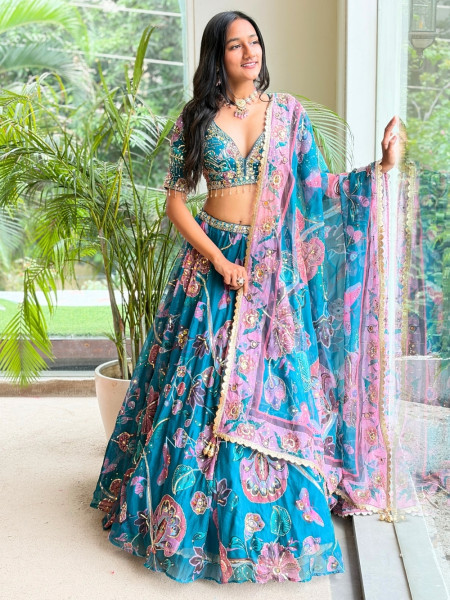 Nishaara Teal Blue Organza Silk Lehenga Set