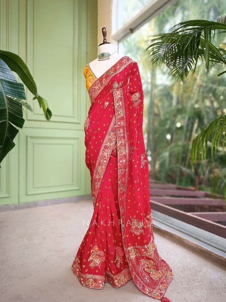 Rajwadi Red Bandhani Saree with Mirror Embroidery
